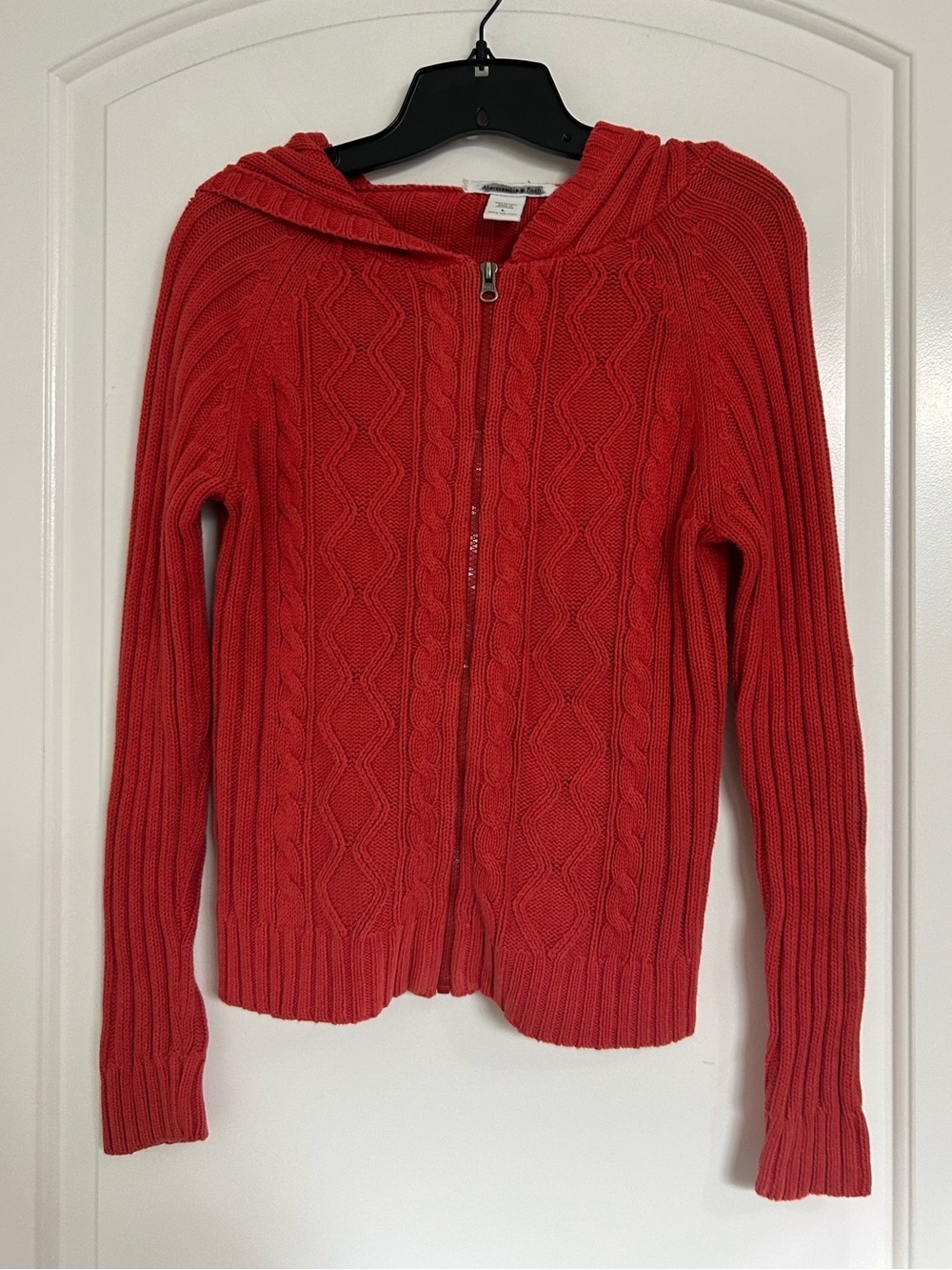 Vintage 90s Abercrombie & Fitch Red Cable Knit Zip Up Hoodie Size L Cozy y2k